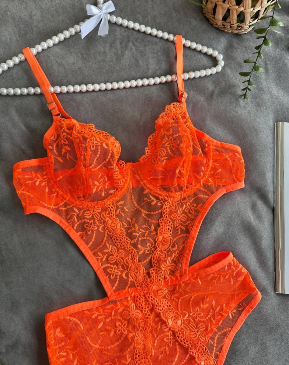Senselle Neon Turuncu Balenli Floral Dantel Cut-Out Body / Vücut Çorabı ikinci görsel